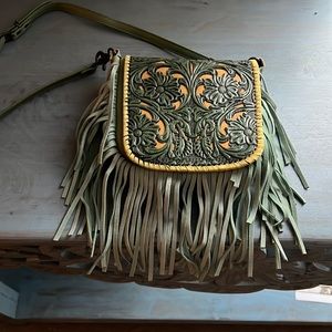 New Montana west hand tooled fringed leather green crossbody handbag